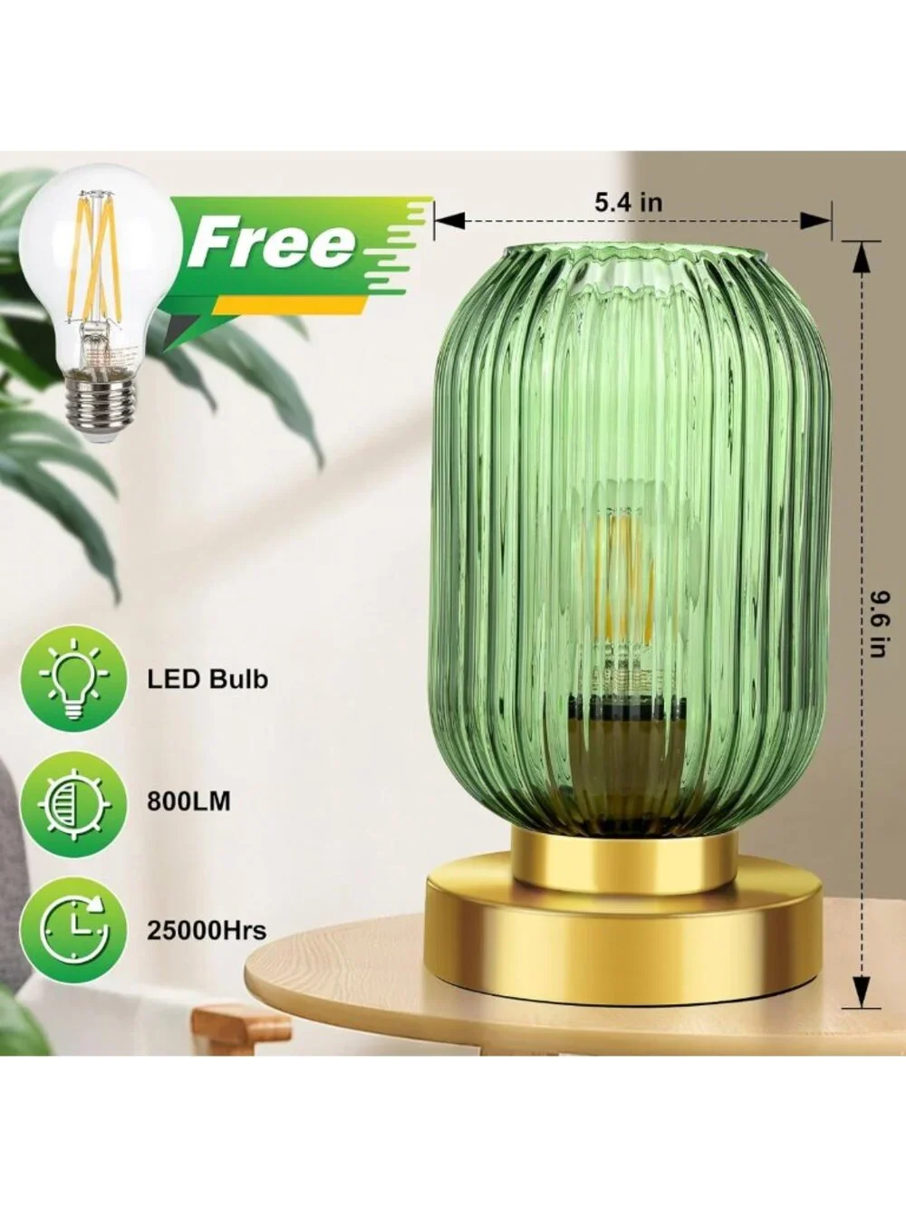 Mid Century Modern Gold Table Lamp - Ribbed Green Glass Shade, Vintage Home